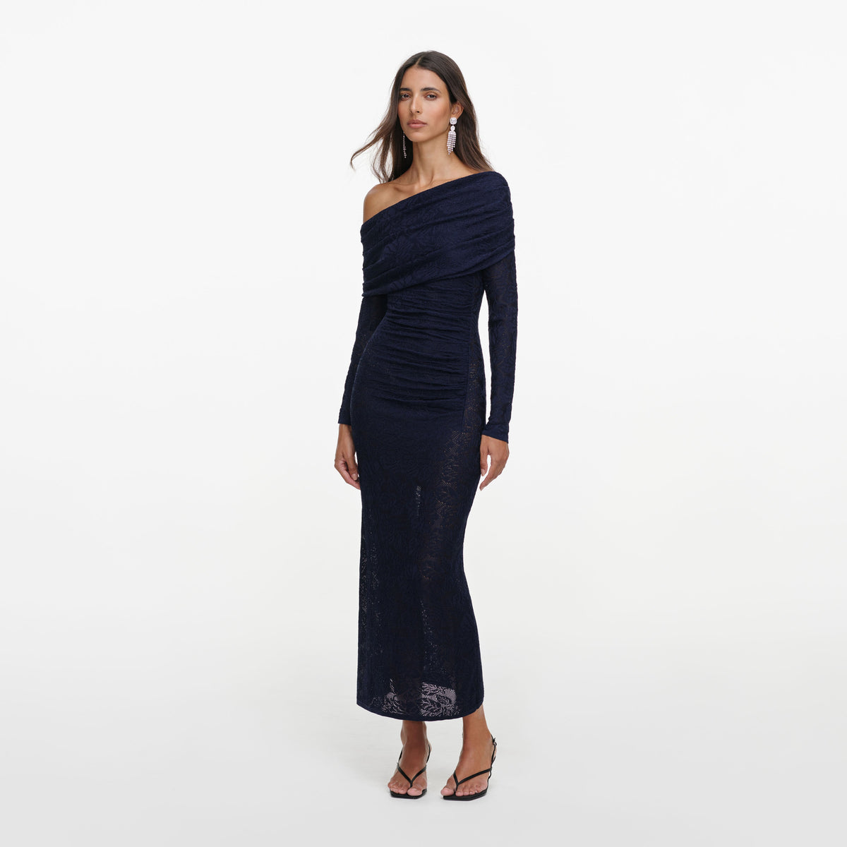 Navy Jacquard Gathered Knit Midi Dress