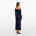 Navy Jacquard Gathered Knit Midi Dress