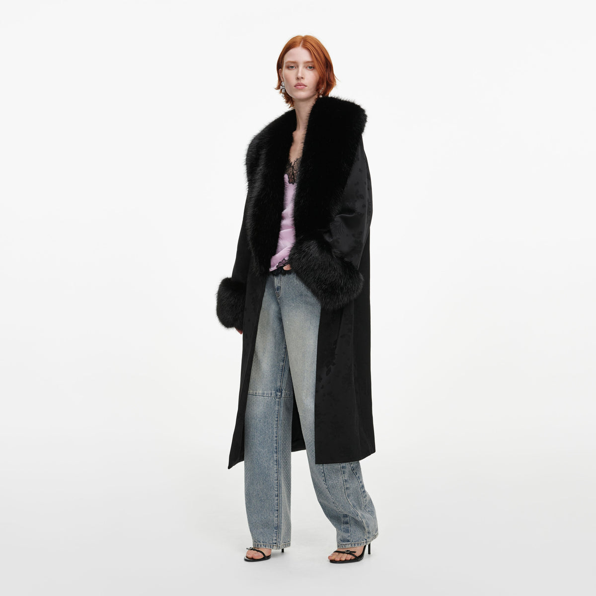 Black Jacquard Fur Collar Coat