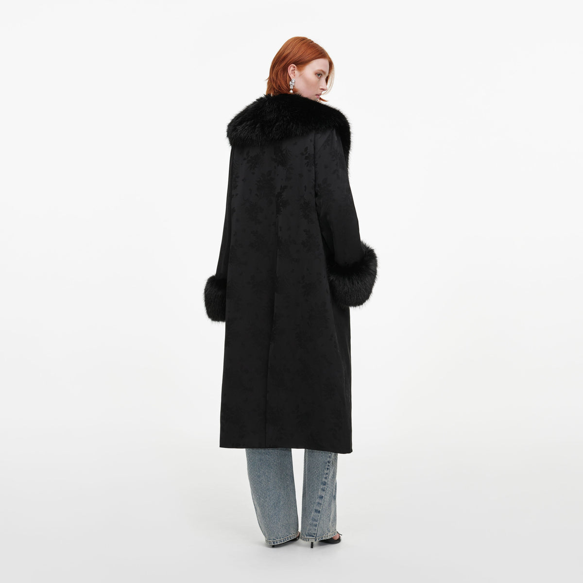 Black Jacquard Fur Collar Coat
