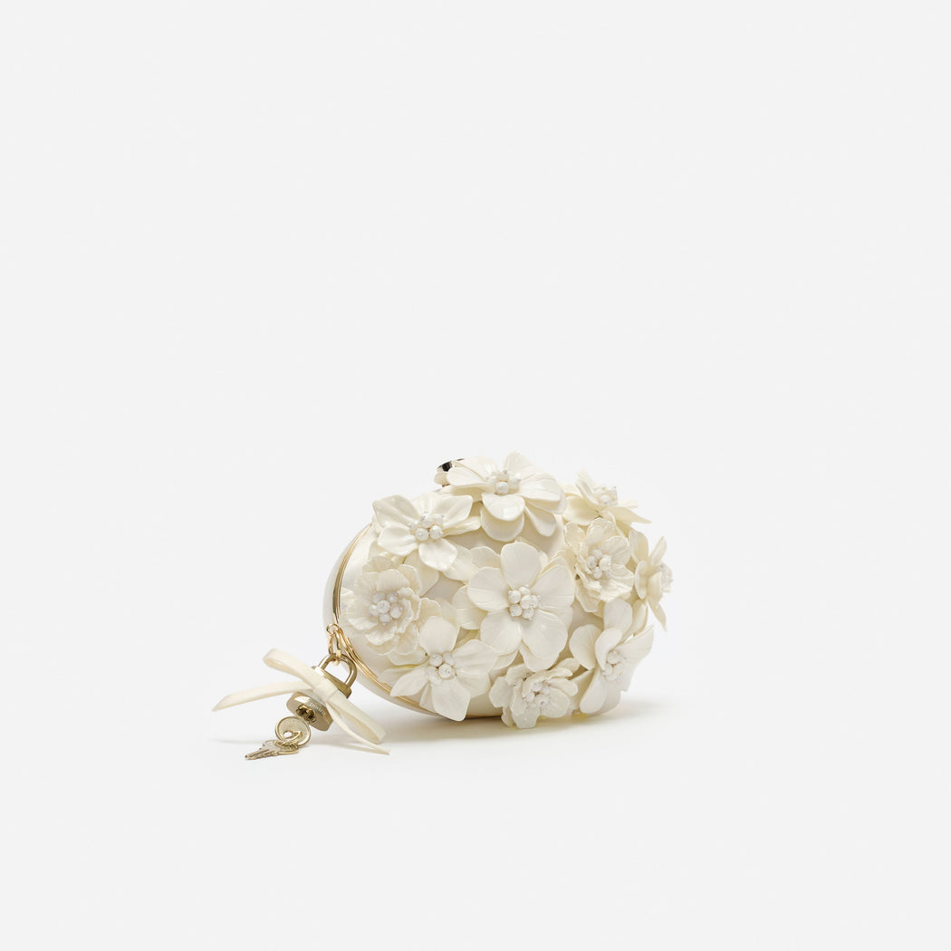 Cream Satin Floral Oval Clutch Bag