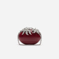 Red Leather Crystal Flower Oval Clutch Bag