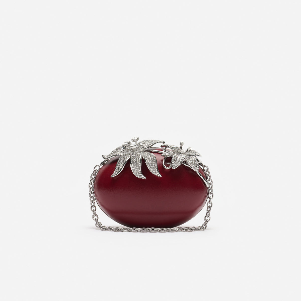 Red Leather Crystal Flower Oval Clutch Bag