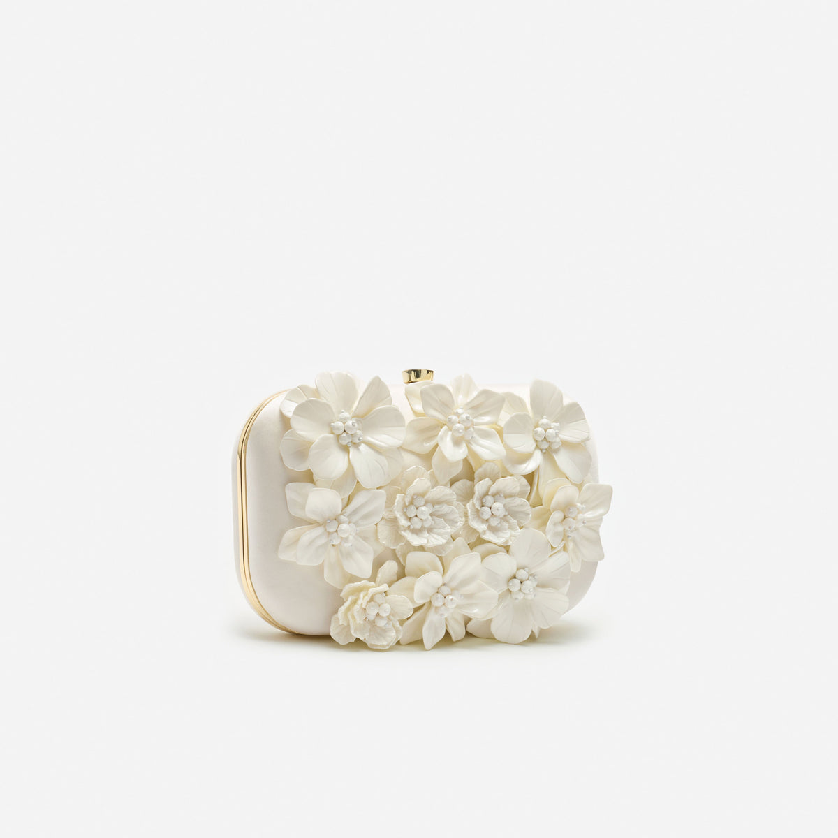Cream Satin Floral Textured Clutch Bag