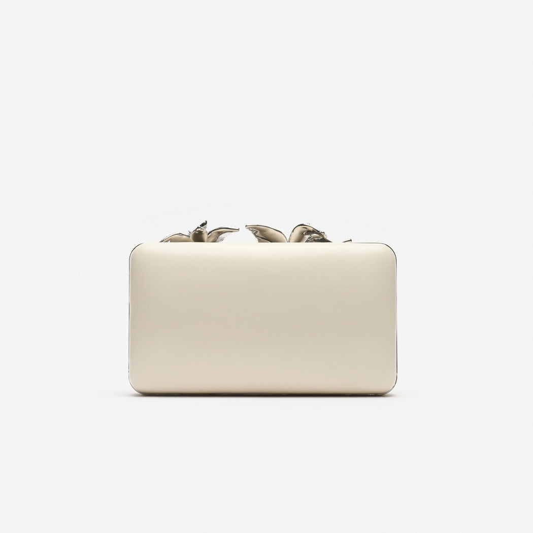 Cream Leather Crystal Flower Clutch Bag