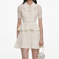 Cream Pointelle Knit Wrap Peplum Dress