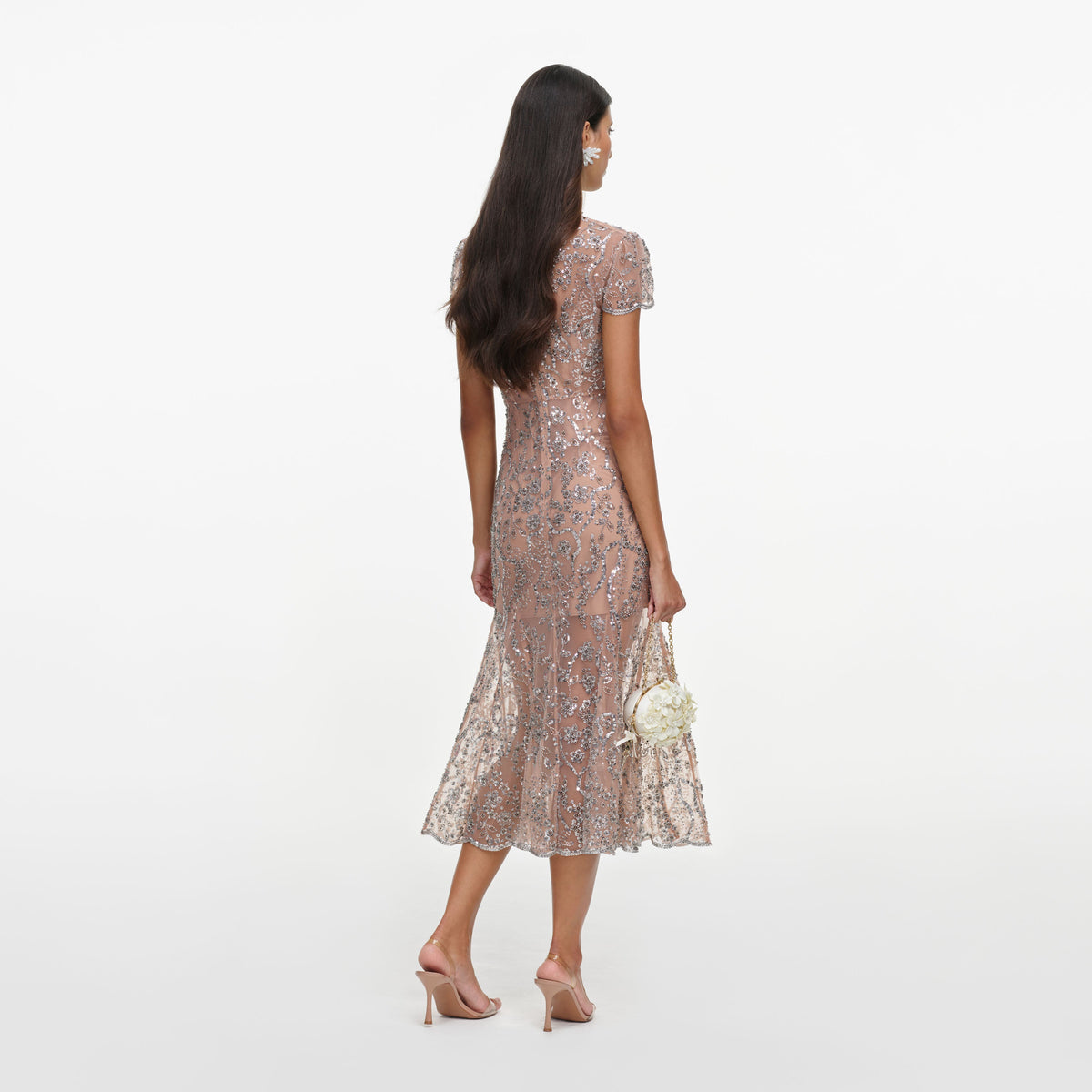 Back view of a woman wearing the Silver Sequin Embellished Midi Dress