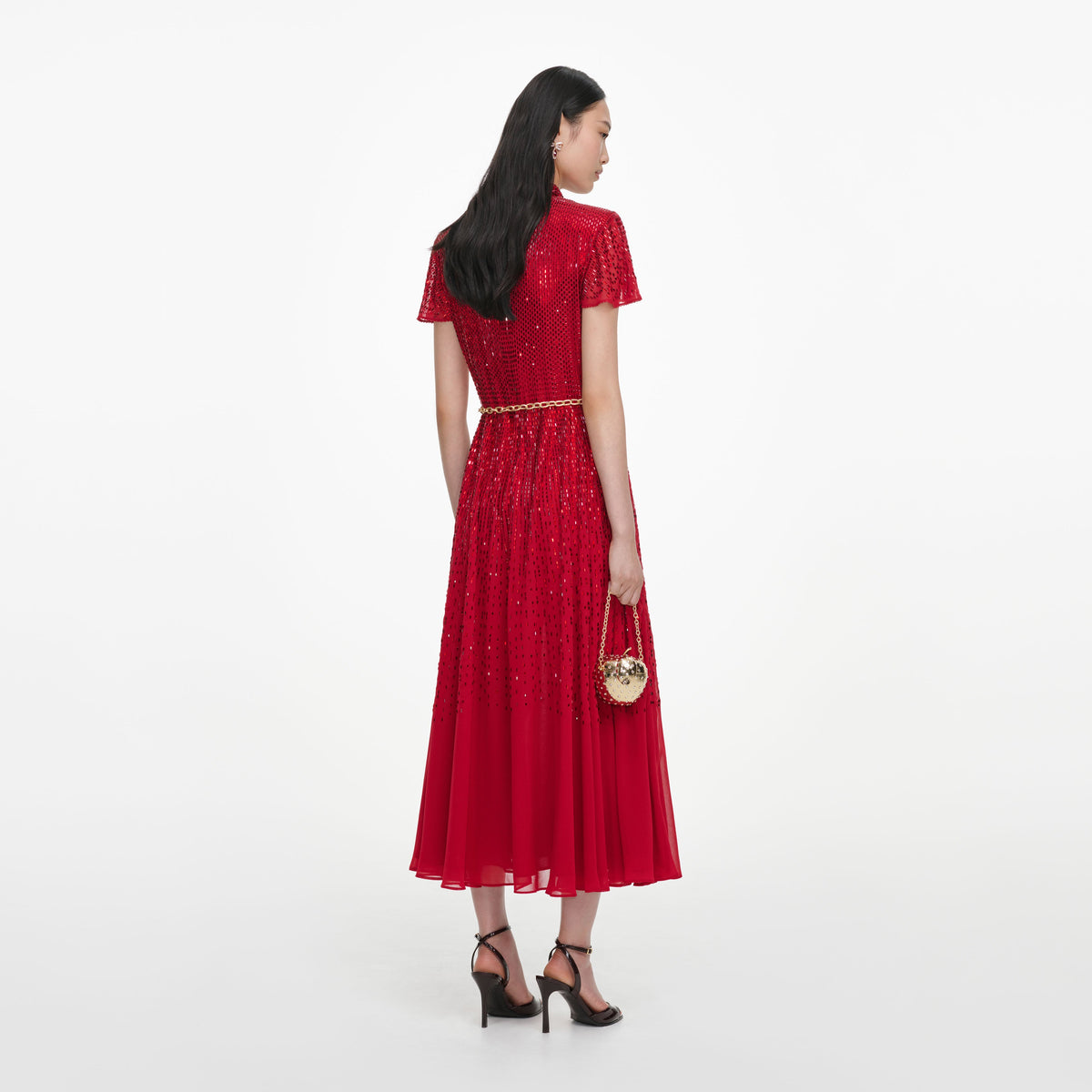 Red Ombre Rhinestone Twist Midi Dress