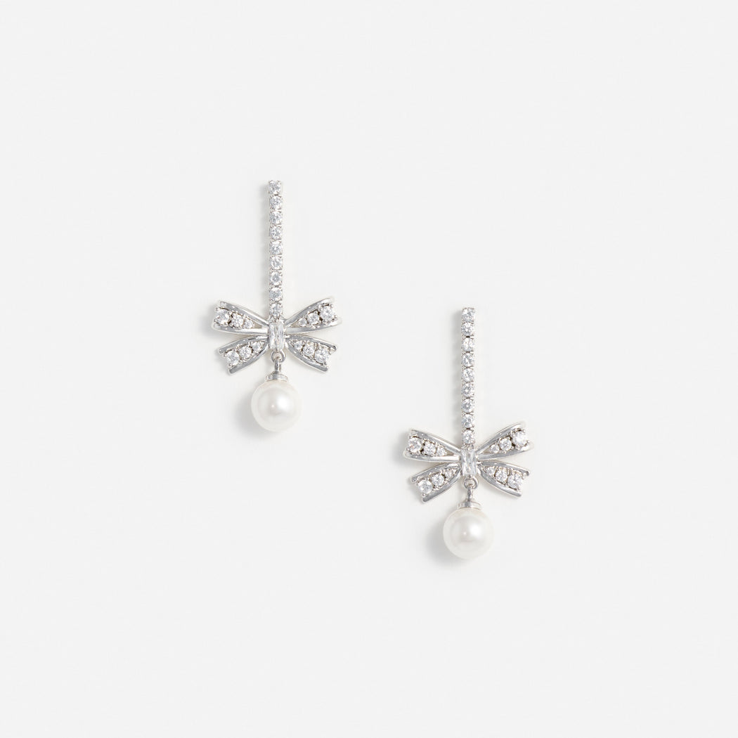 Silver Crystal Bow Pearl Droplet Earrings