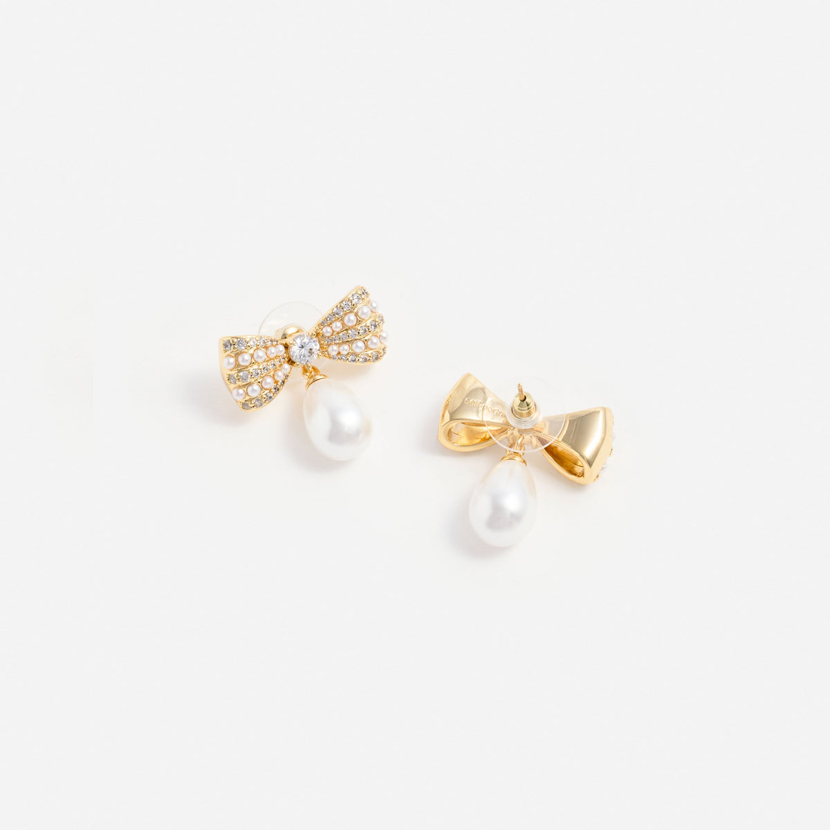 Gold Crystal Bow Pearl Droplet Earrings