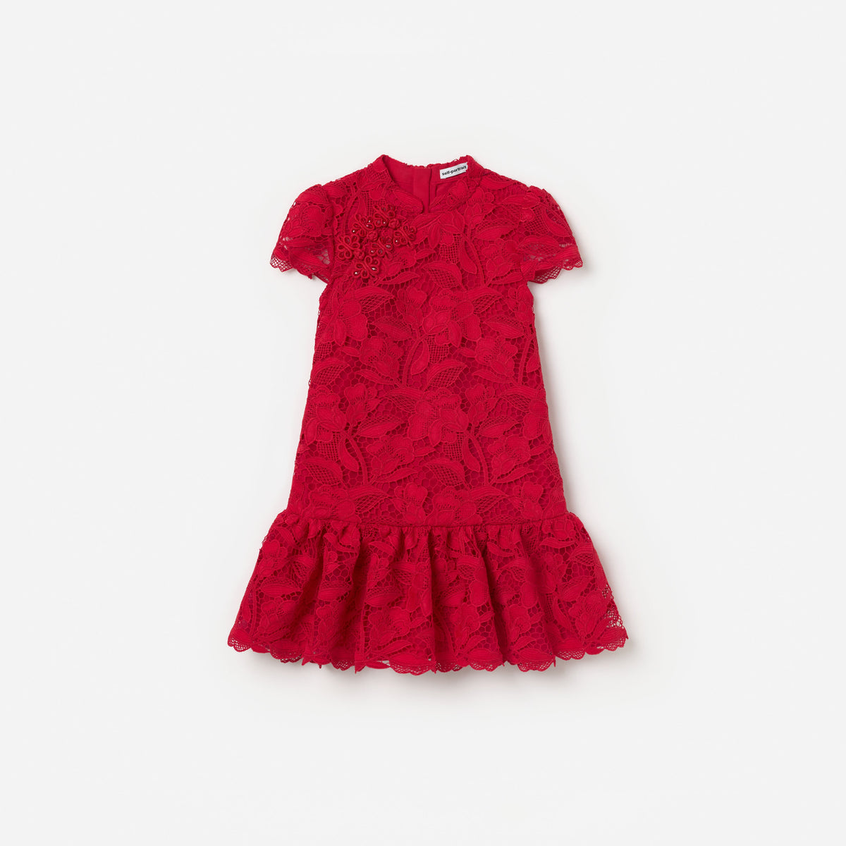 Front view of a girl wearing the Red Lace Flower Dress