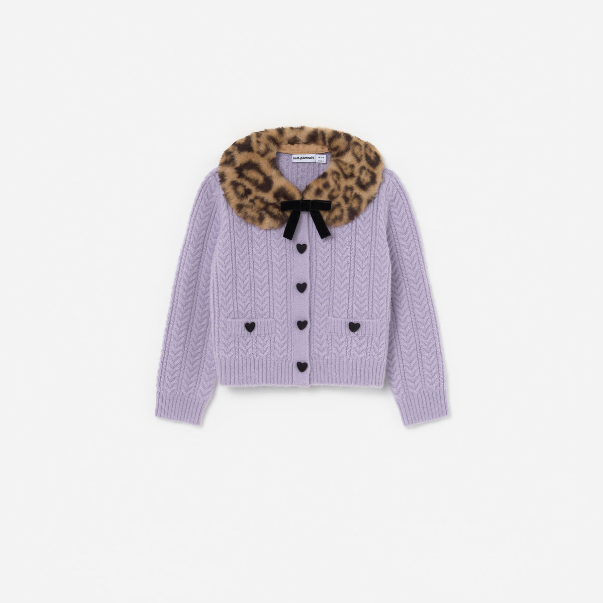 Front view of a girl wearing the Purple Cable Knit Printed  Fur Collar Cardigan