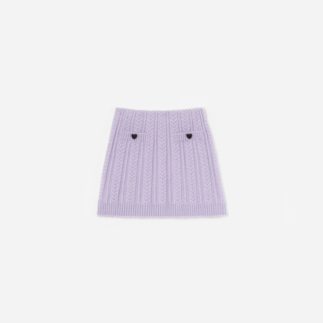 Front view of a girl wearing the Purple Cable Knit Skirt