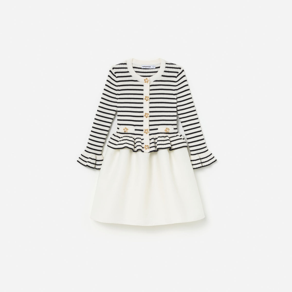 Front view of a girl wearing the Cream Striped Ribbed Knit Mini Dress