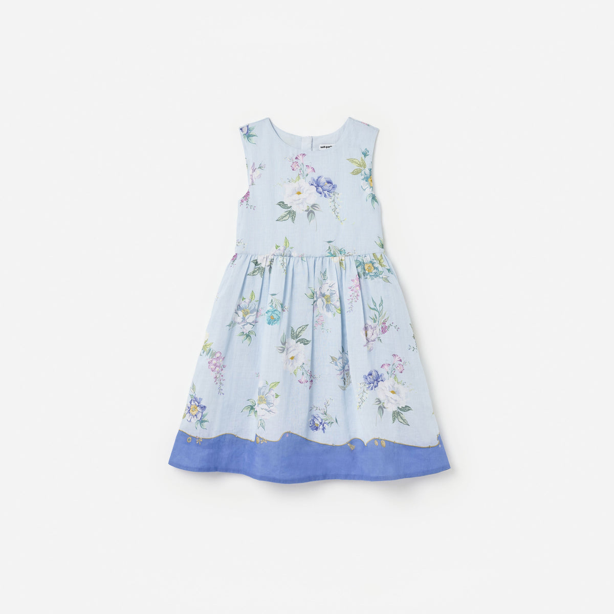Front view of a girl wearing the Blue Floral Printed Sleeveless Ramie Dress