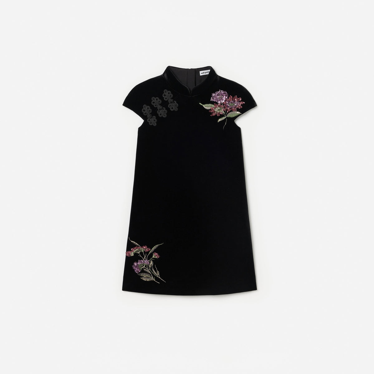 Front view of a girl wearing the Black Velvet Flower Embellished Dress