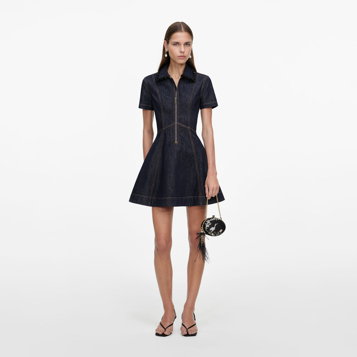 Front view of a woman wearing the Indigo Denim Collared Mini Dress