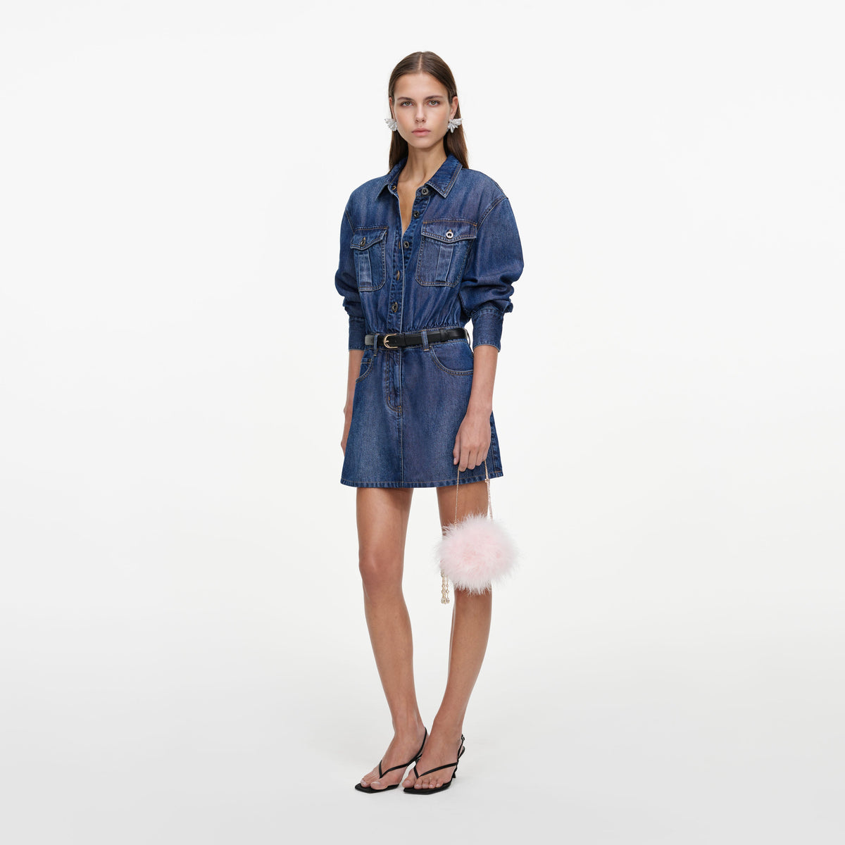 Side view of a woman wearing the Lightweight Denim Mini Dress