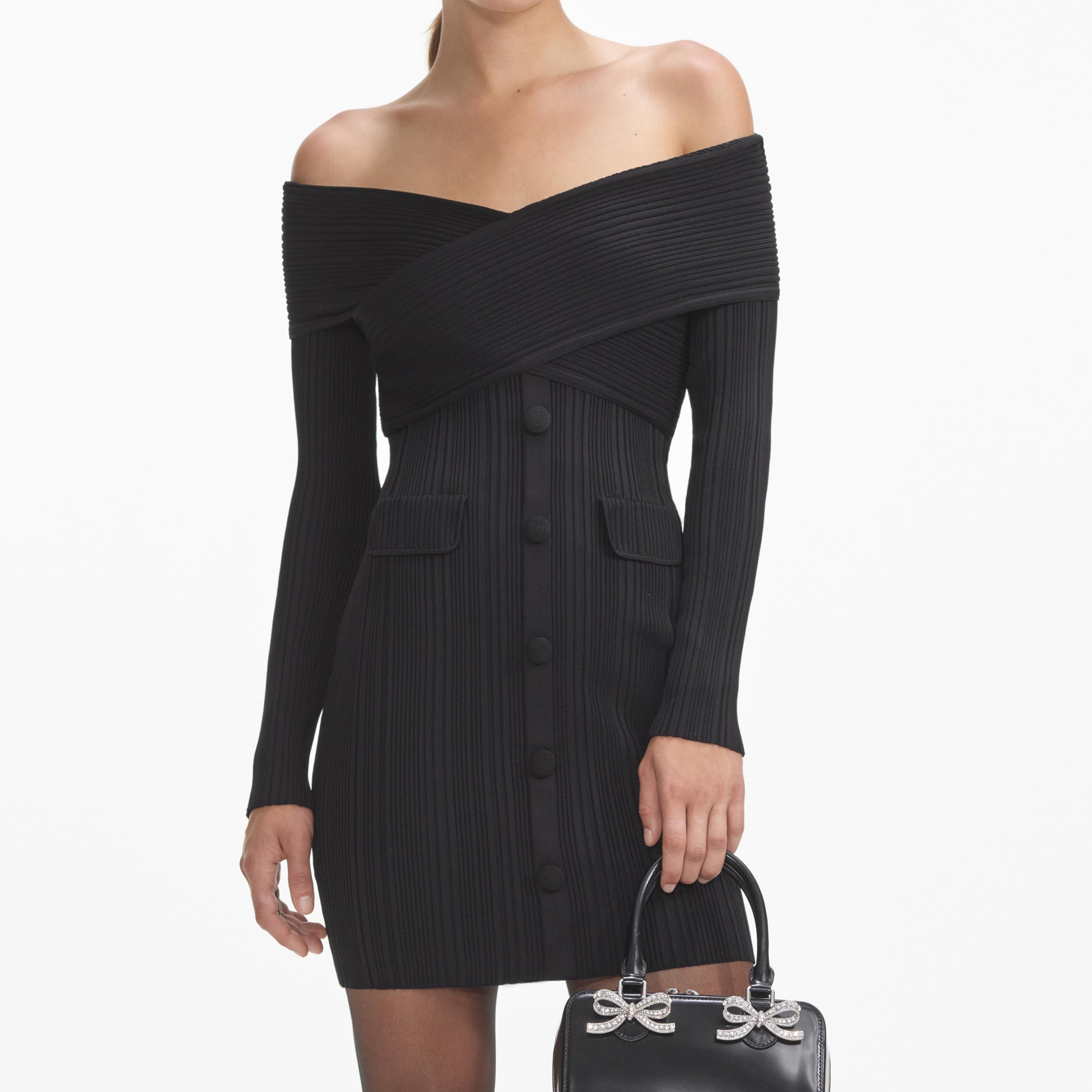 Black Off Shoulder Knit Mini Dress