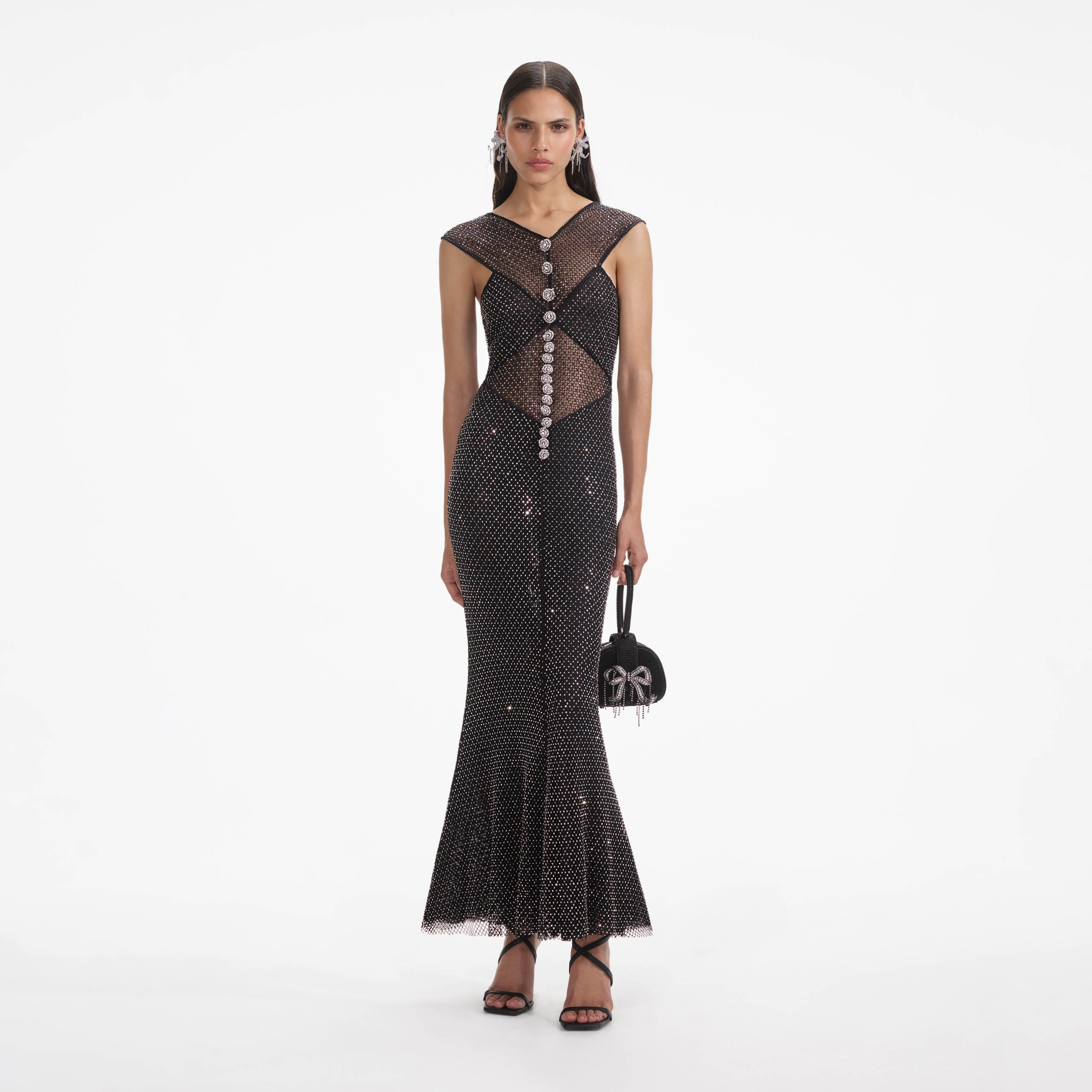 Black Rhinestone Fishnet Crossover Midi Dress