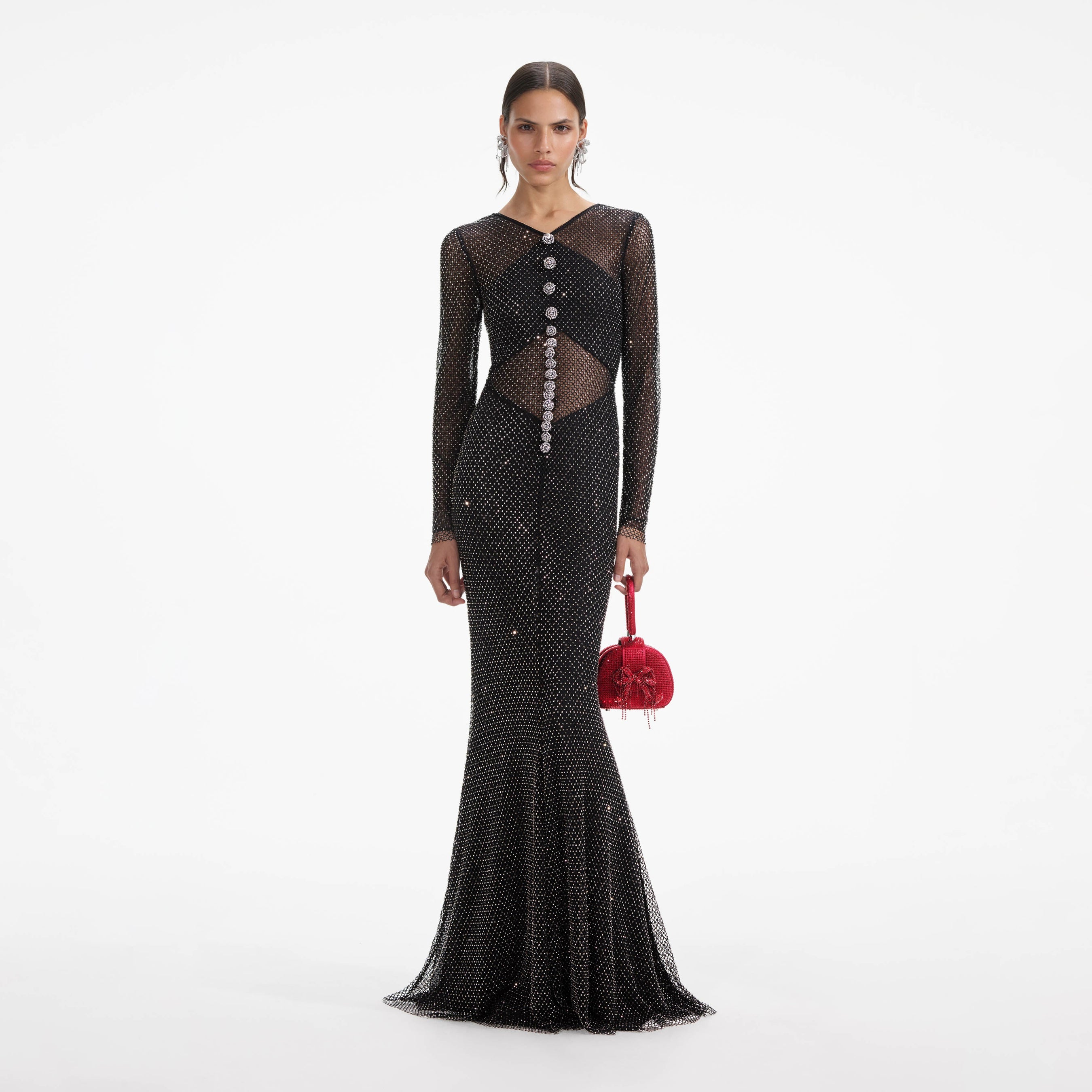 Black Rhinestone Fishnet Crossover Maxi Dress