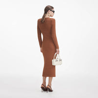 Brown Textured Knit Midi Dress