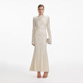 Cream Square Rhinestone Fishnet Midi Dress