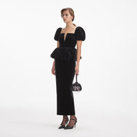 Black Velvet Peplum Midi Dress