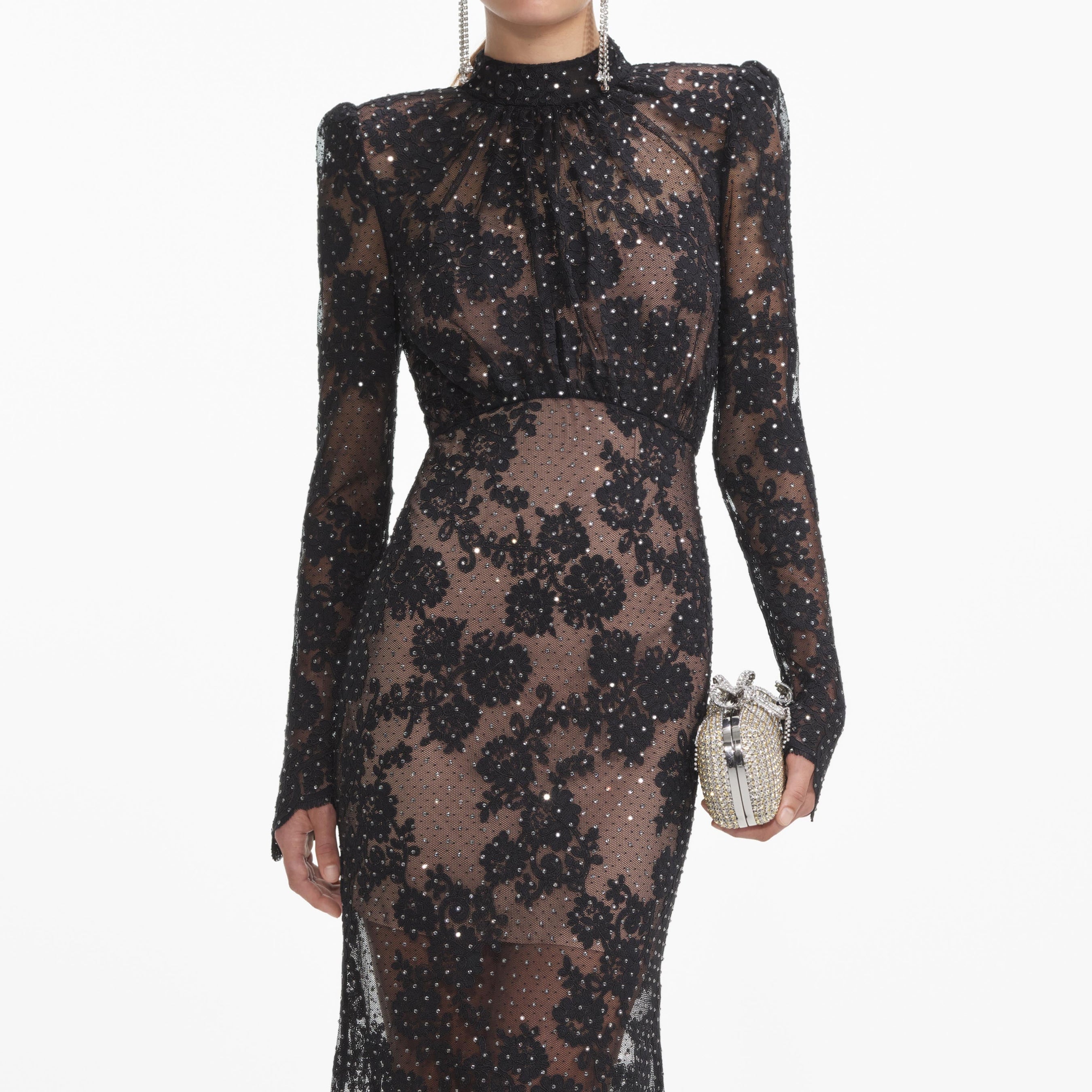 Black Rhinestone Lace Maxi Dress