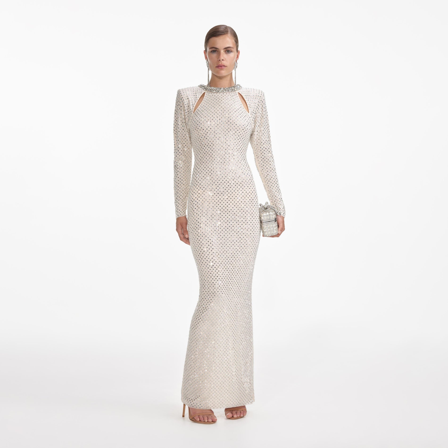 Front view of a woman wearing the Cream Rhinestone Diamante Trim Maxi Dress