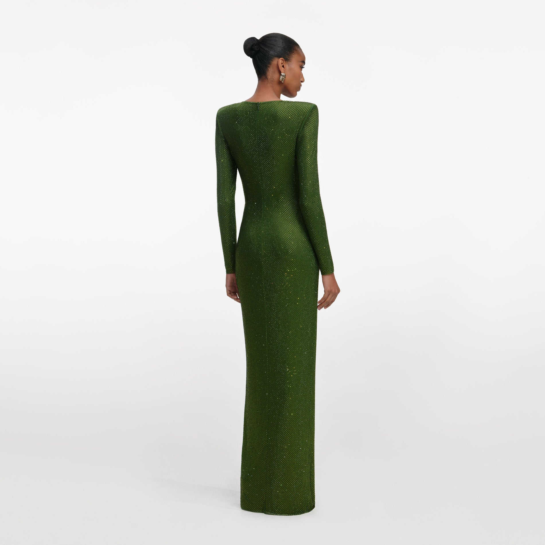Back view of a woman wearing the Olive Rhinestone Embellished Maxi Dress