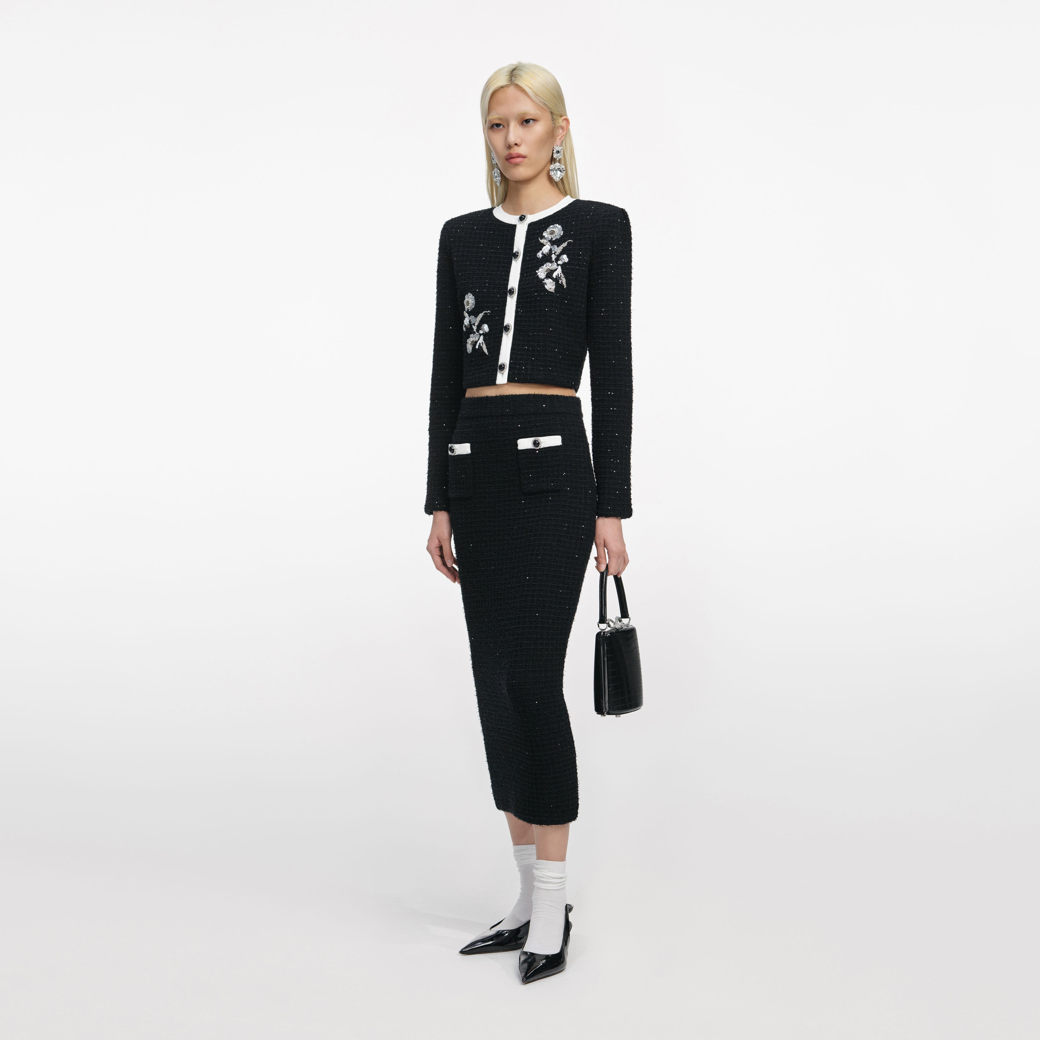 Black Textured Knit Midi Skirt