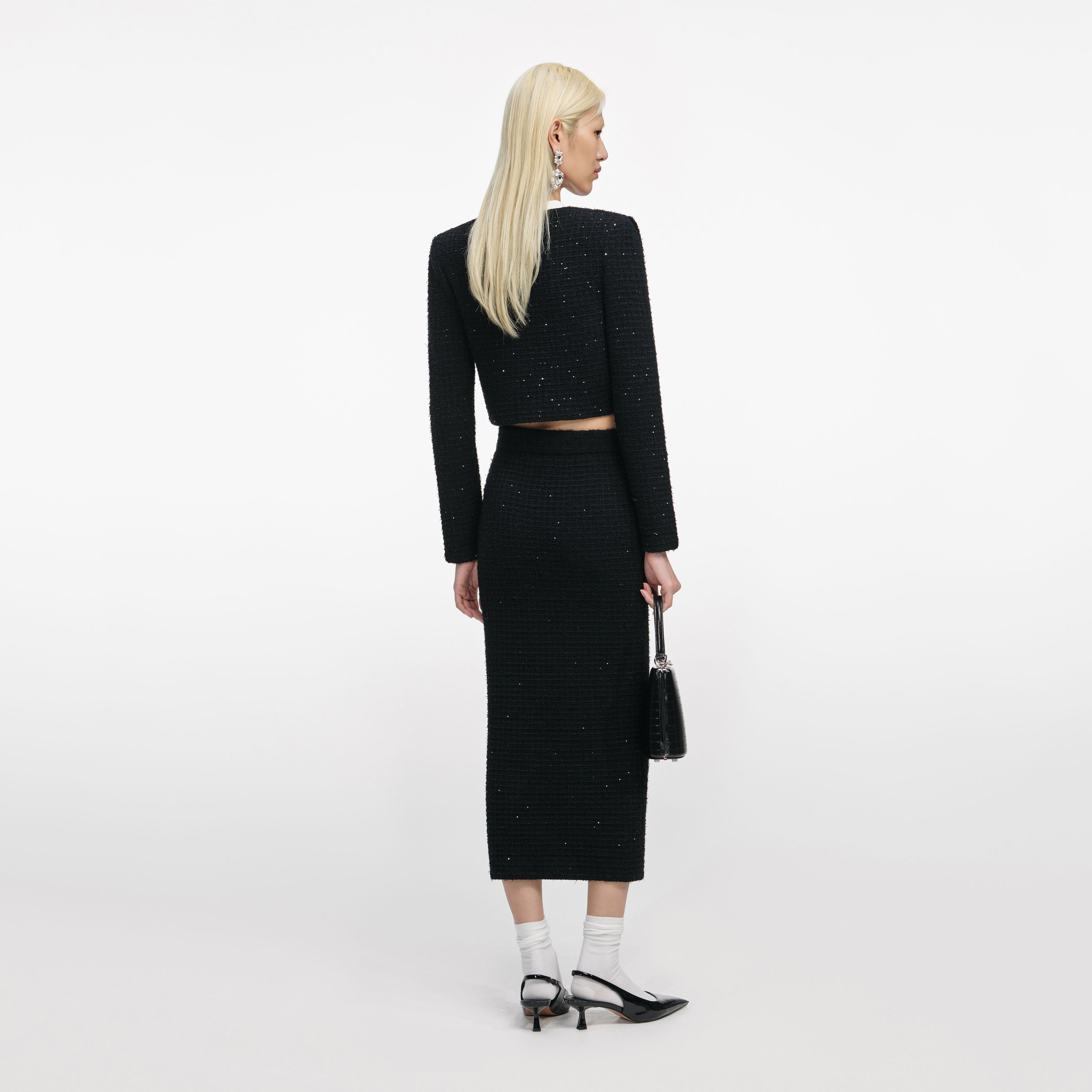 Black Textured Knit Midi Skirt