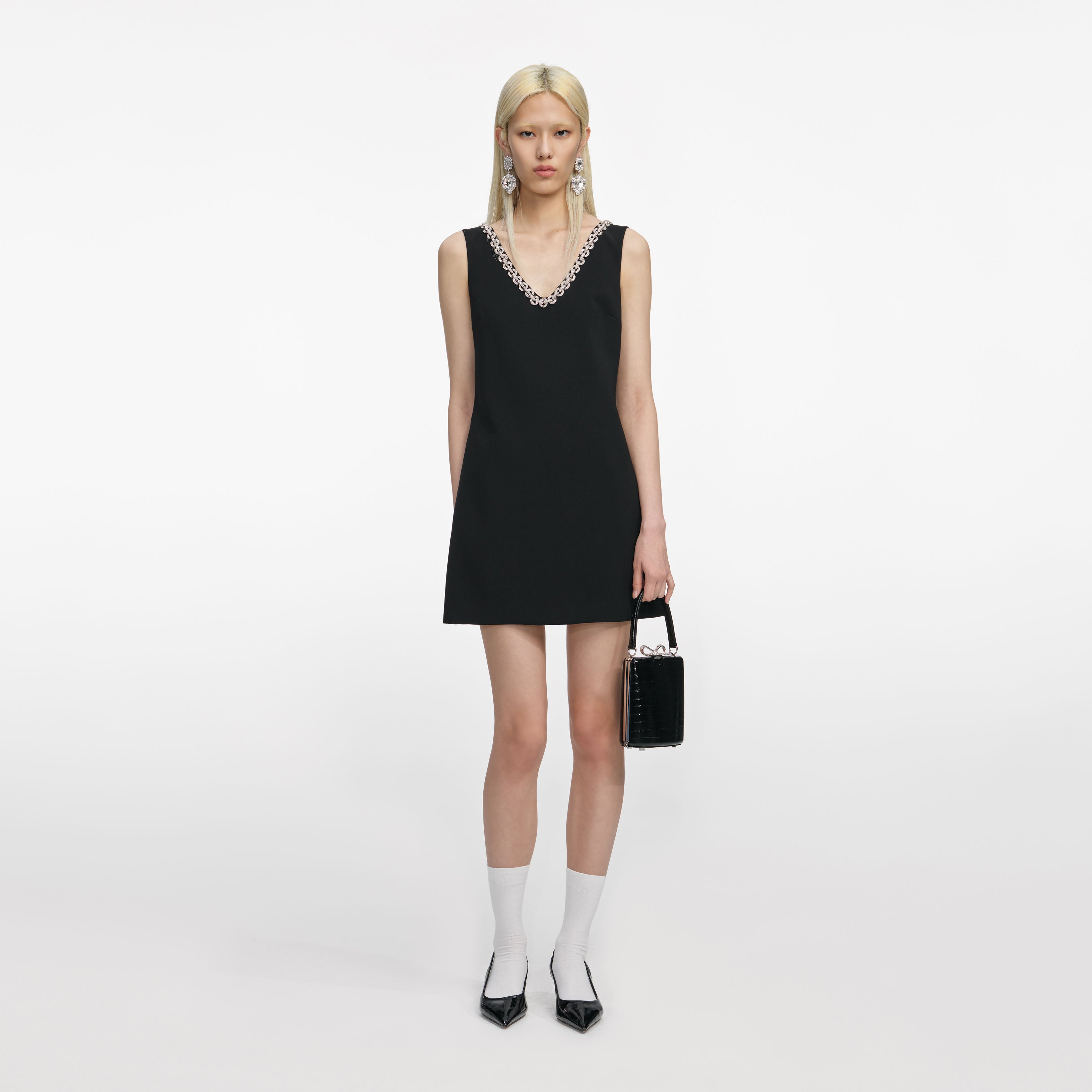 Black Crepe Crystal Trim Mini Dress