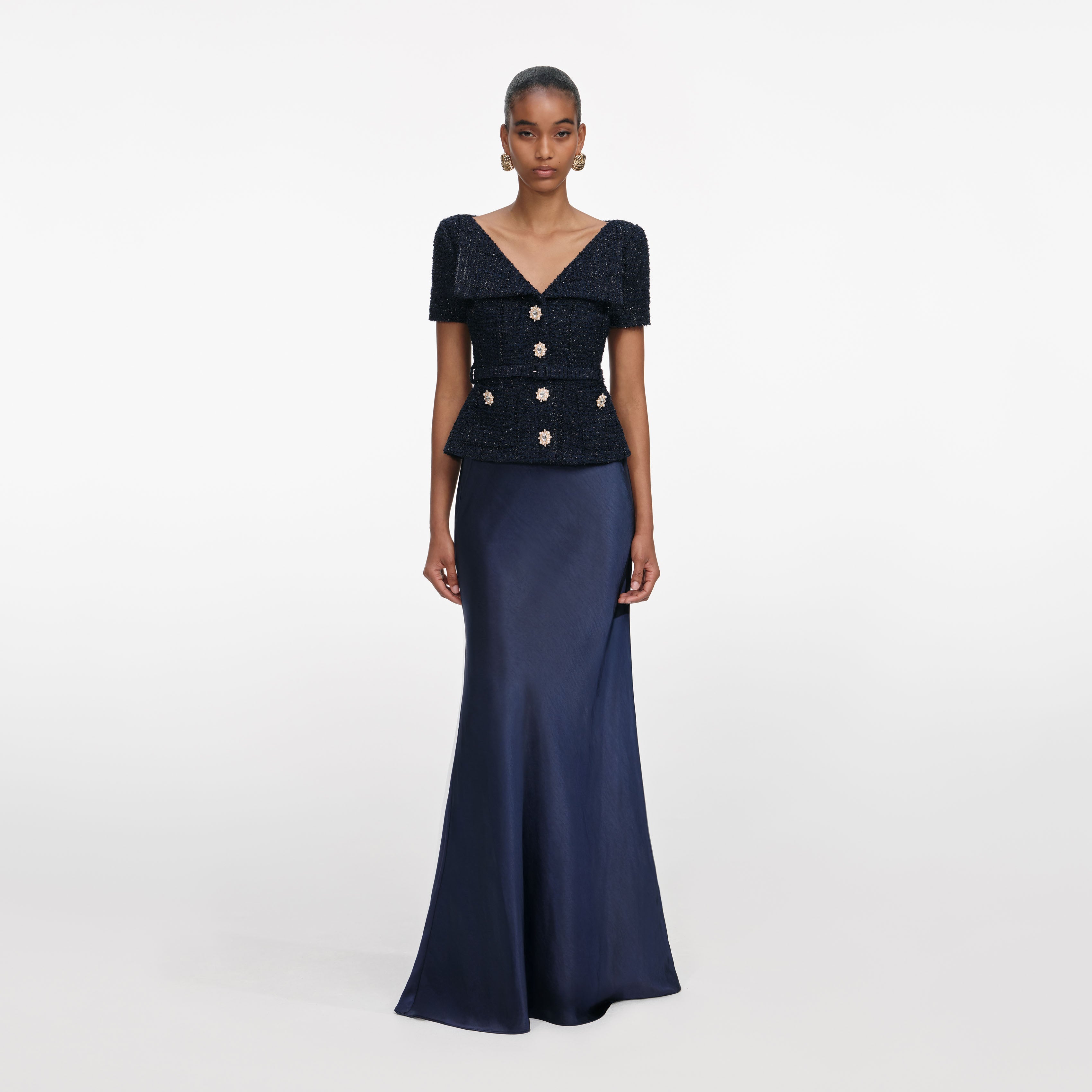 Navy Boucle Tailored Maxi Dress