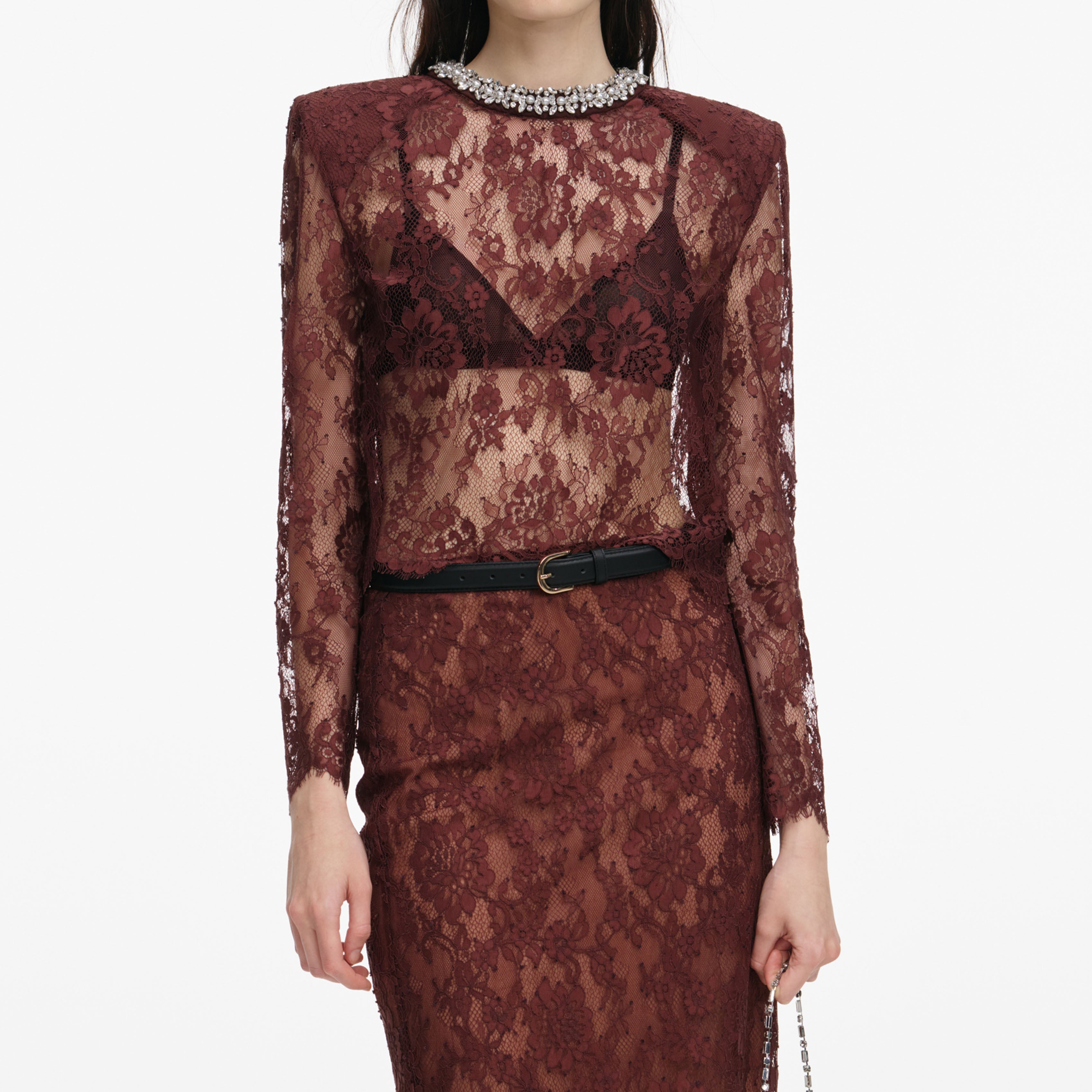 Brown Floral Lace Midi Skirt