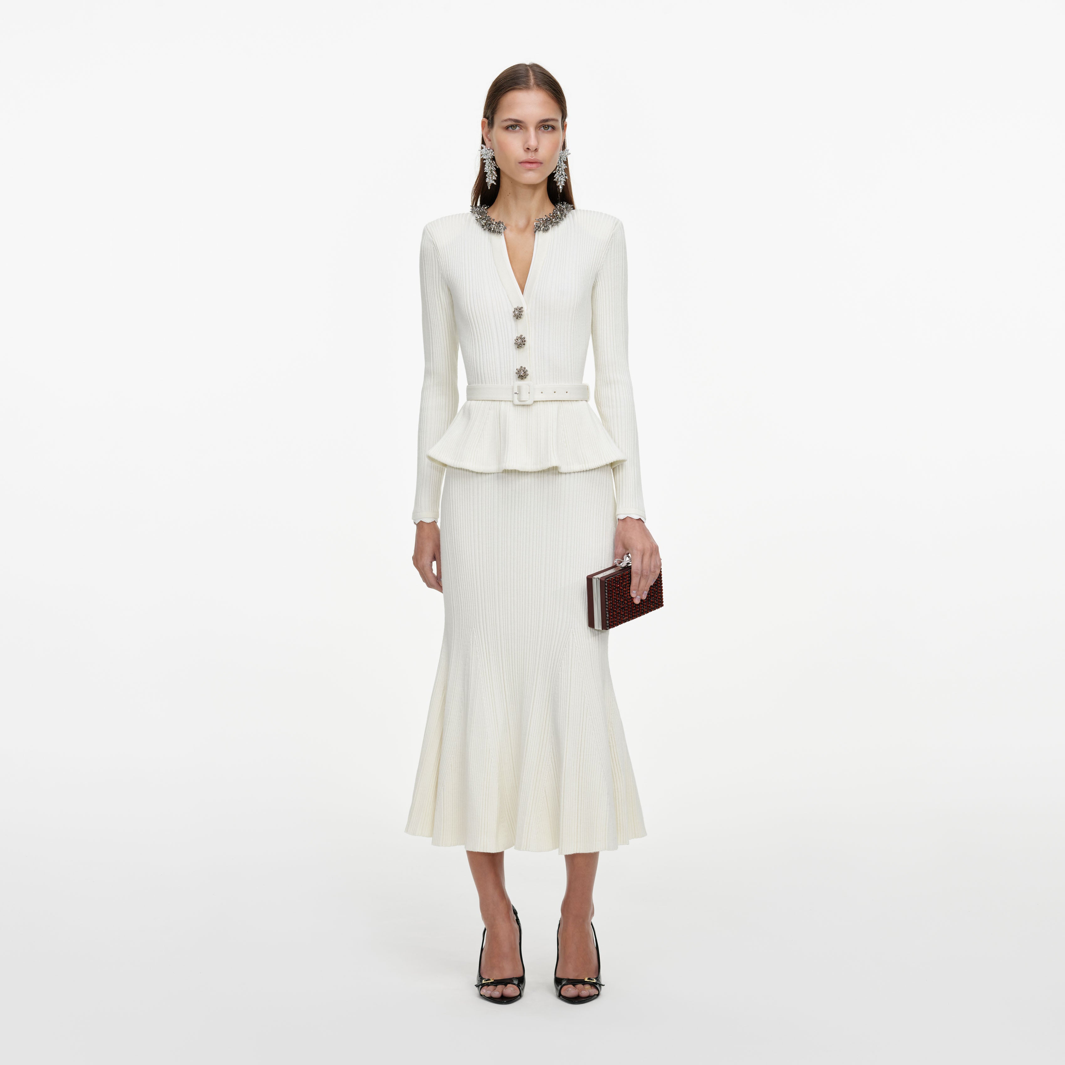 Cream Lurex Rib Knit Midi Dress