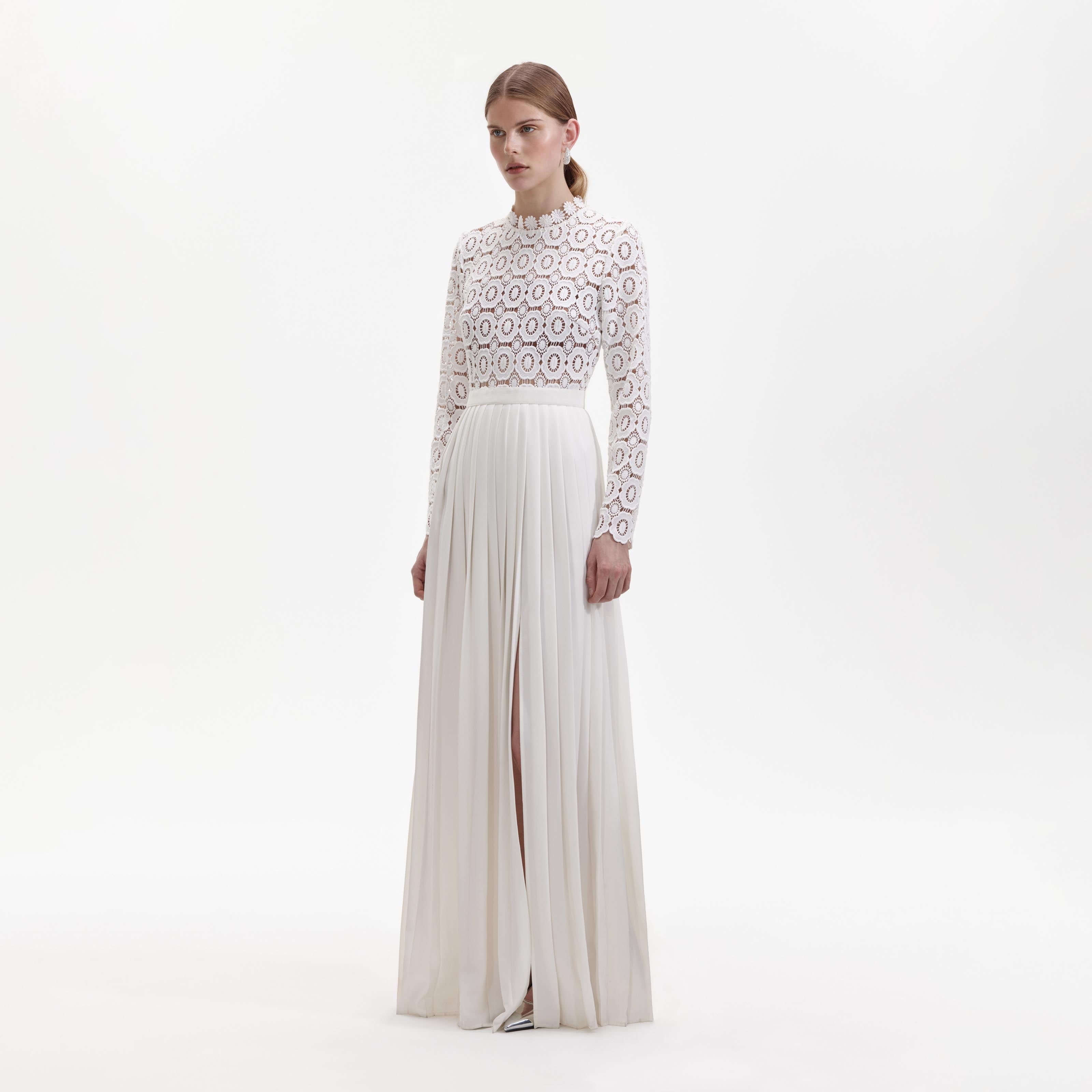 Pleated Crochet Floral Maxi Dress