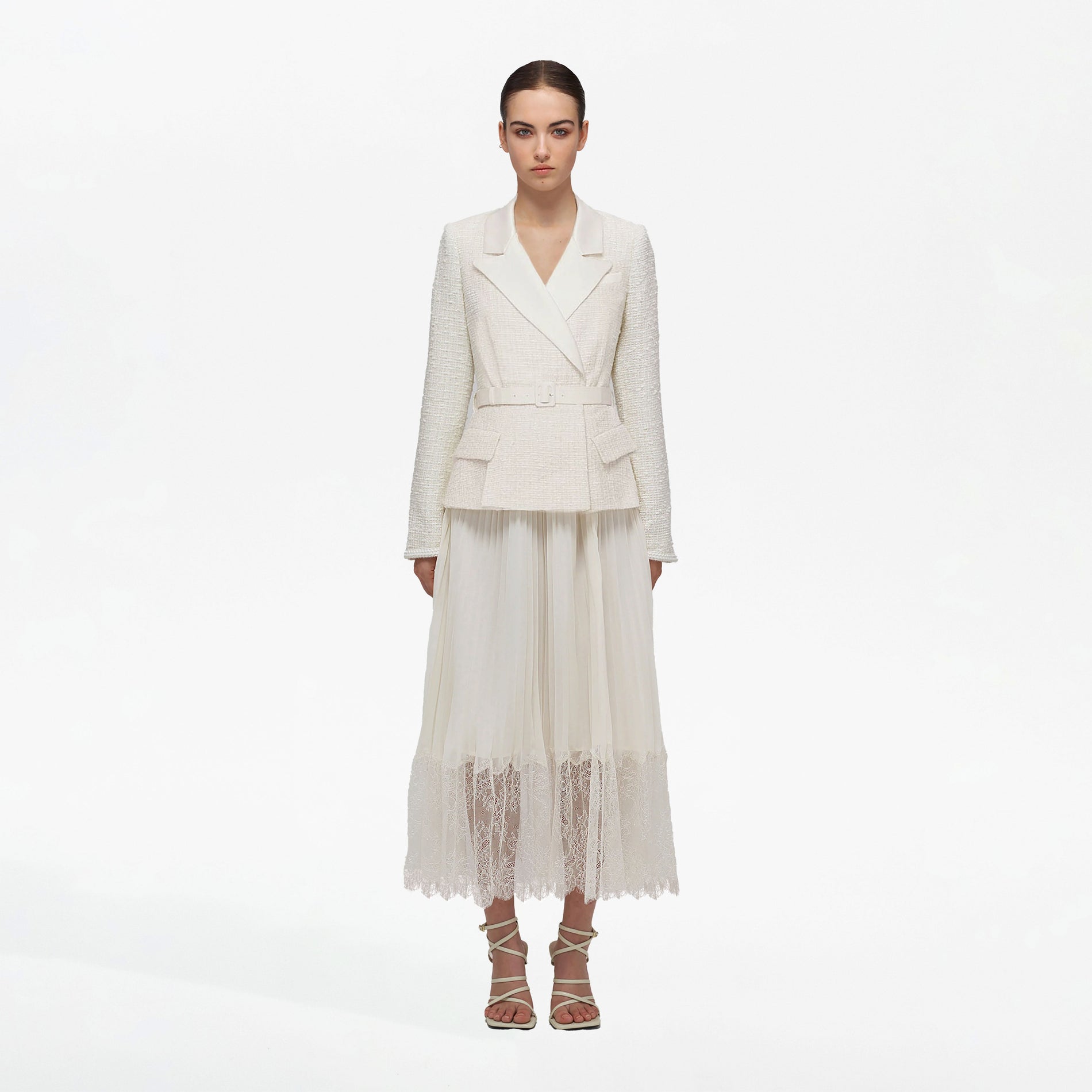 Front view of a woman wearing the Cream Tailored Bouclé And Chiffon Midi Dress