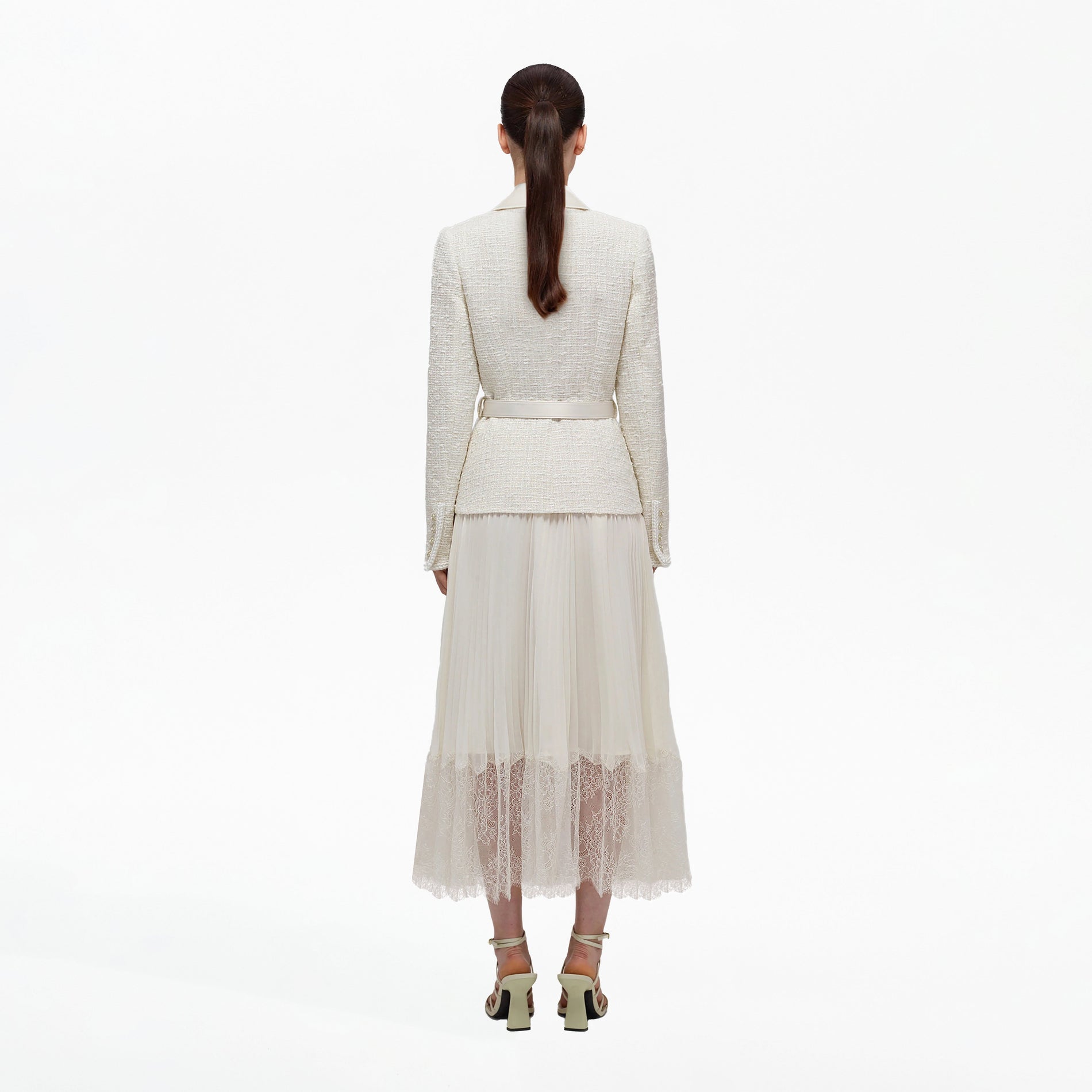 Back view of a woman wearing the Cream Tailored Bouclé And Chiffon Midi Dress