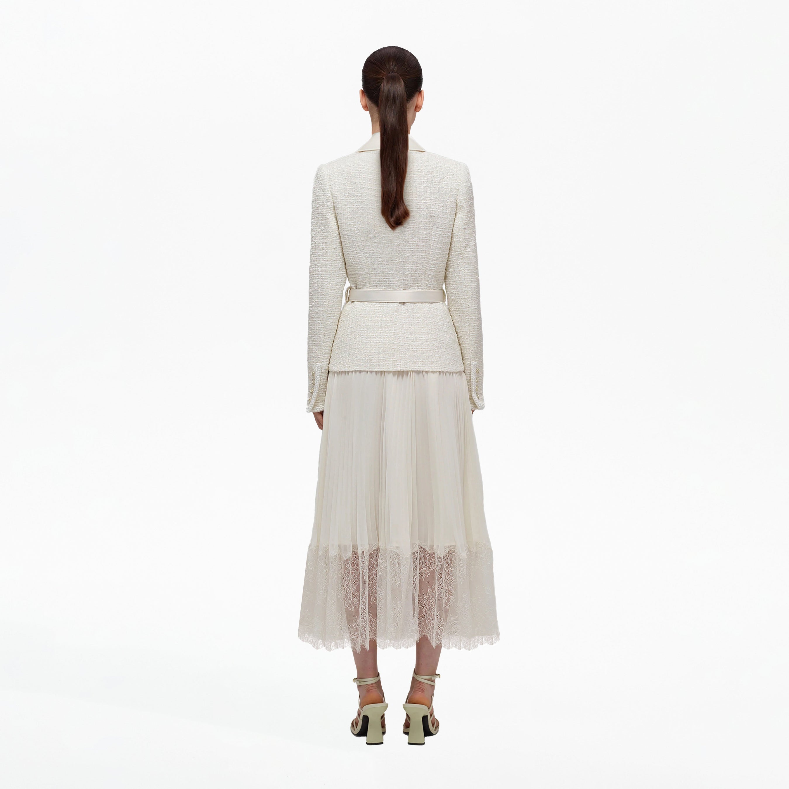 Cream Tailored Bouclé And Chiffon Midi Dress