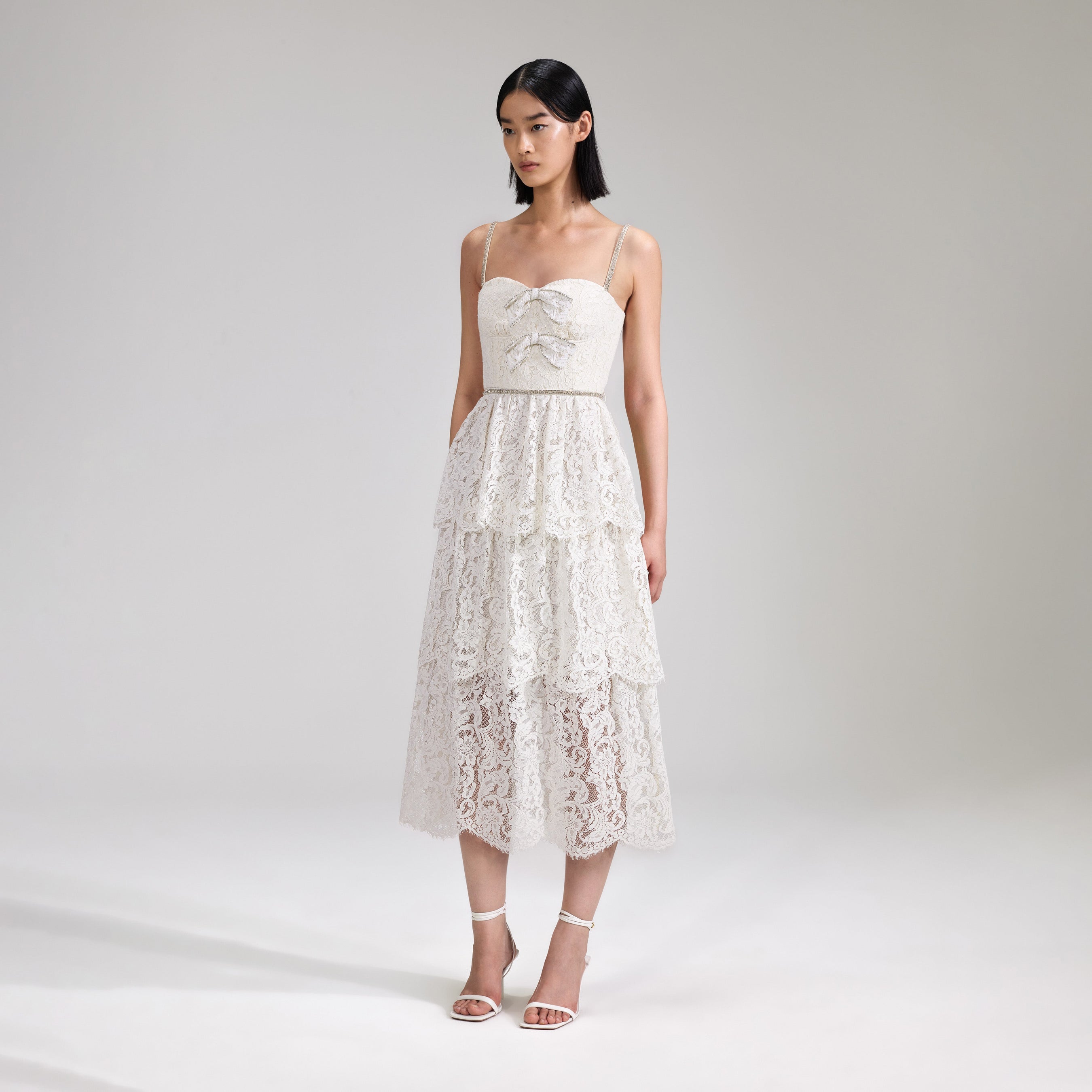 Cream Cord Lace Tiered Midi Dress