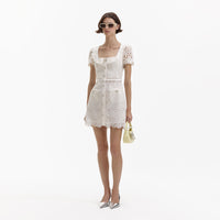 Cream Guipure Lace Button Mini Dress