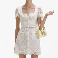 Cream Guipure Lace Button Mini Dress