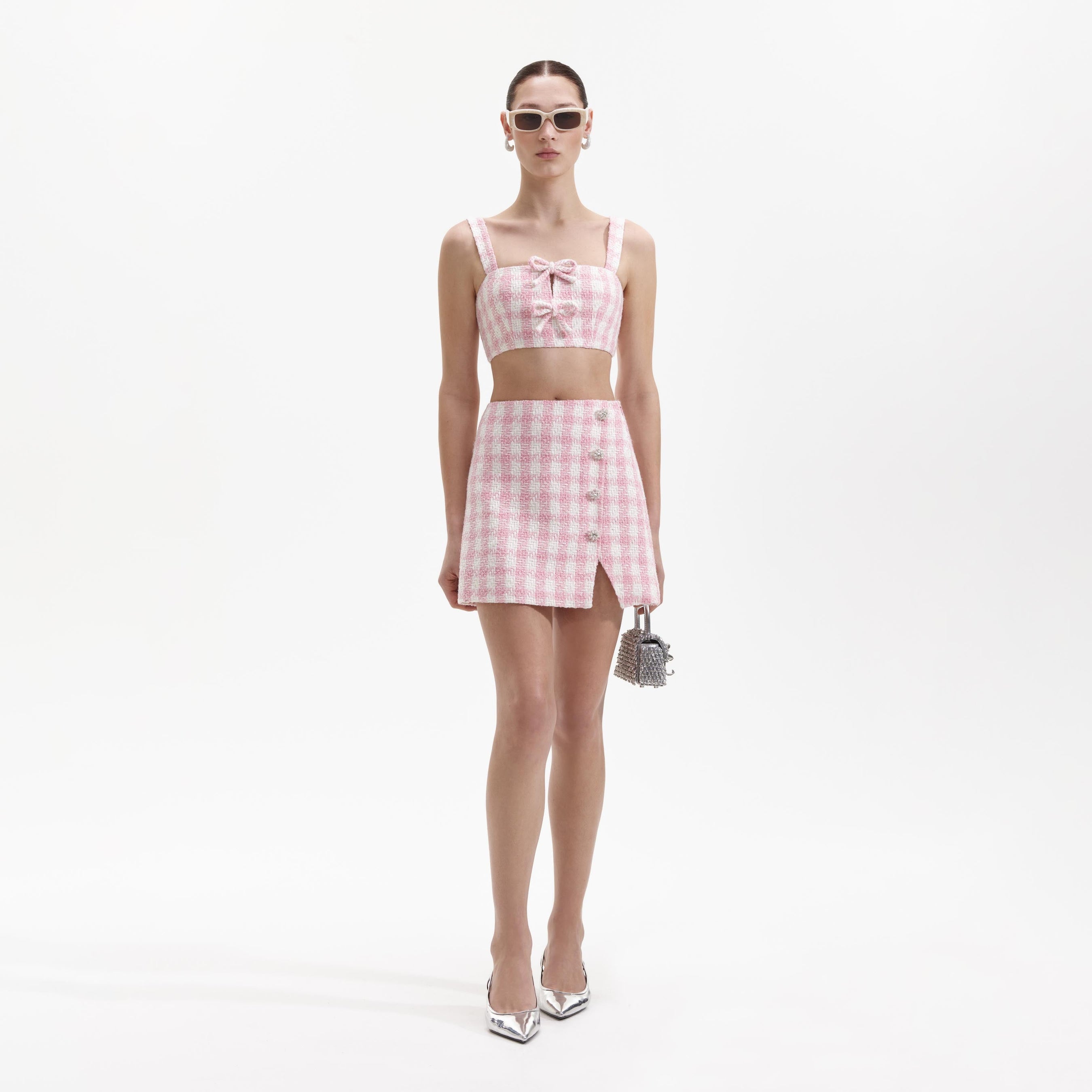 Pink Check Boucle Crop Top