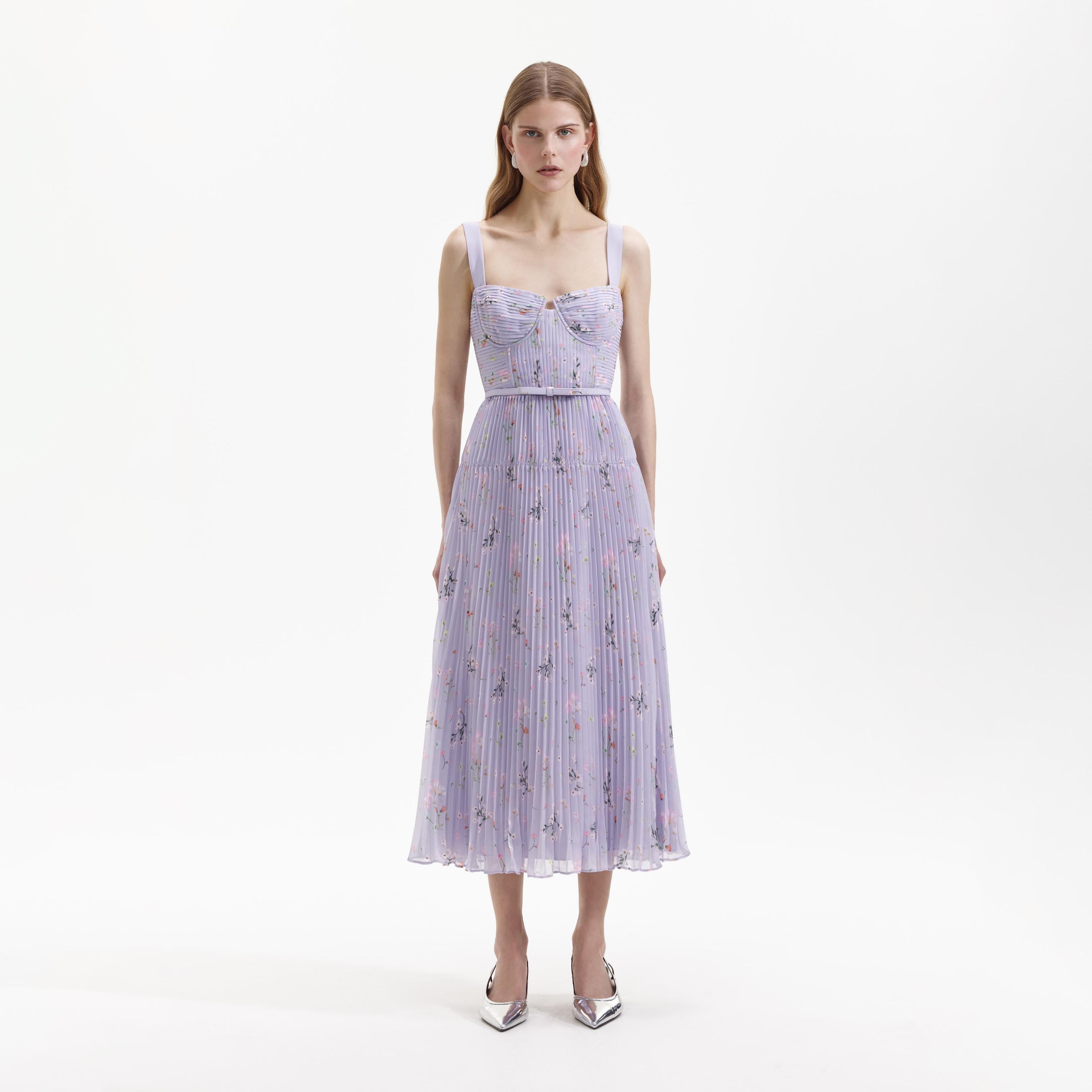 Lilac Floral Chiffon Midi Dress