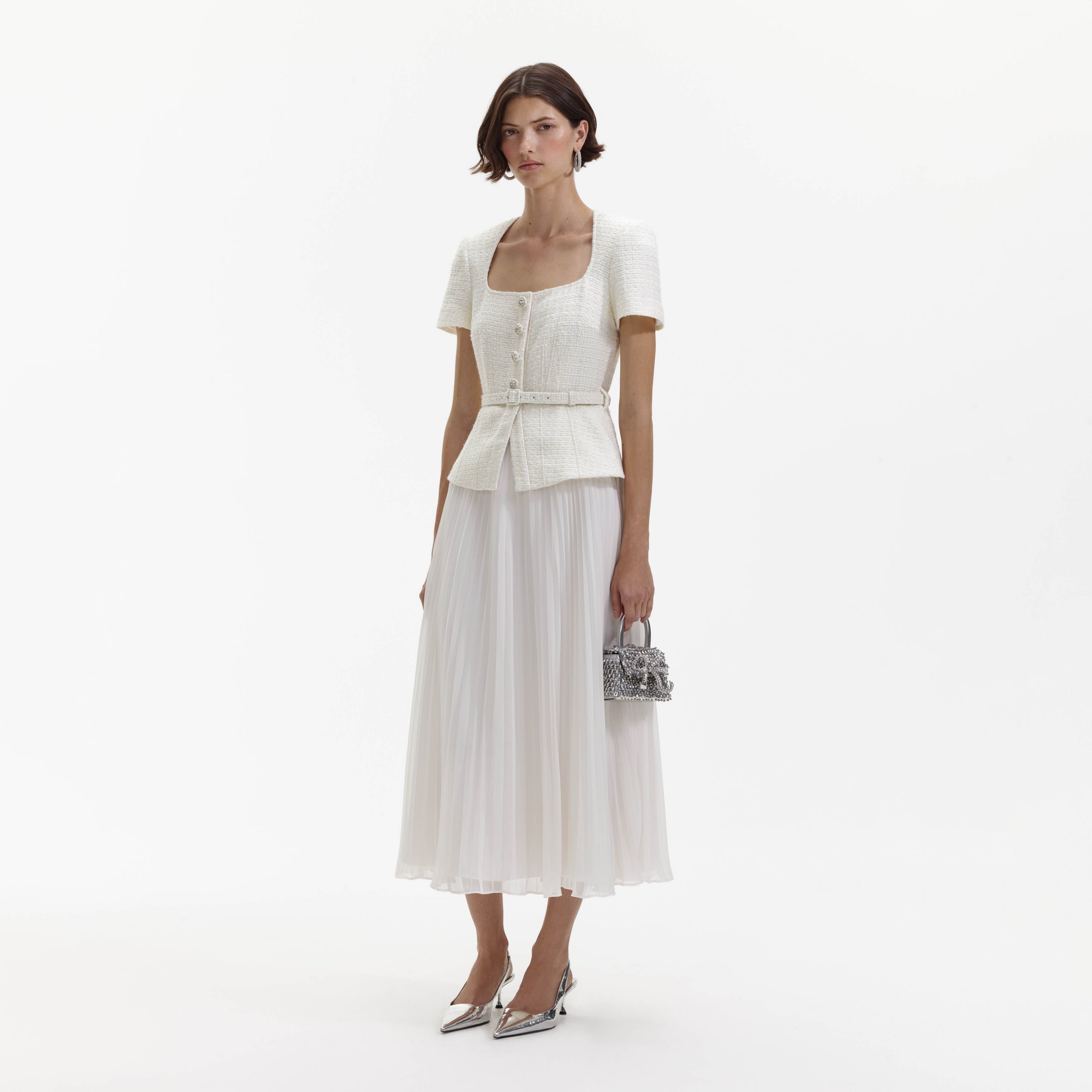 Cream Boucle Chiffon Midi Dress