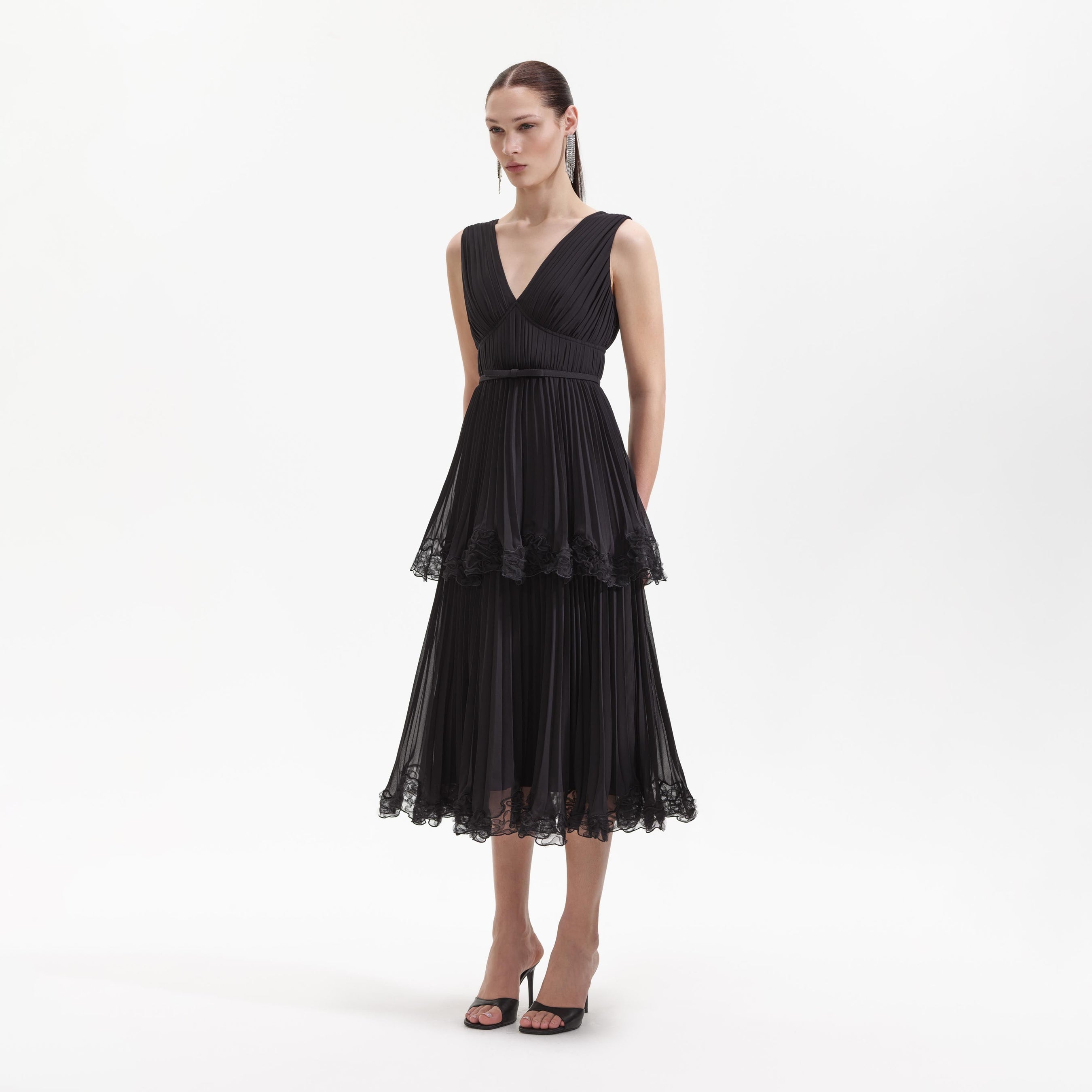 Black Chiffon Tier Midi Dress