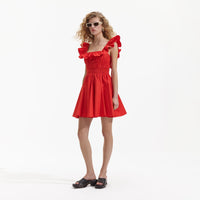 Red Cotton Ruffle Mini Dress