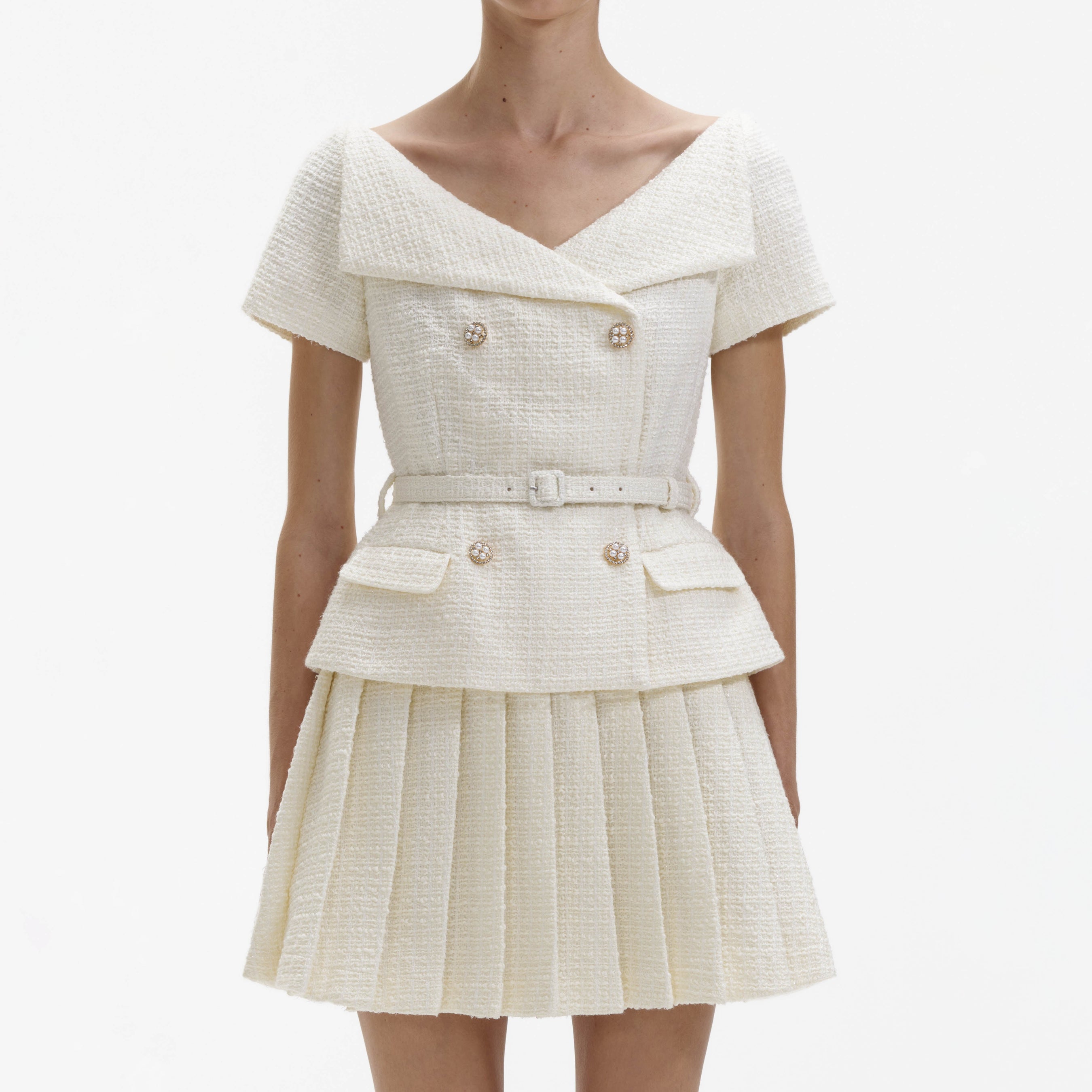 Cream Boucle Pleated Mini Dress